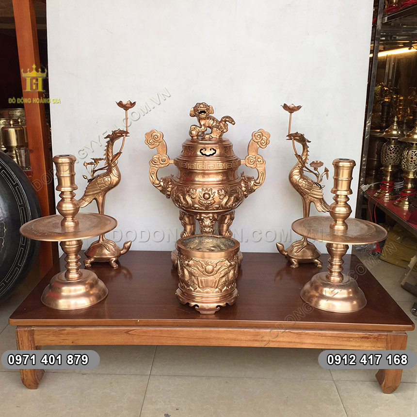 Bộ Đồ Thờ Đ&uacute;c Rồng Nổi Chất Liệu Đồng Đỏ Loại Tốt Nhất